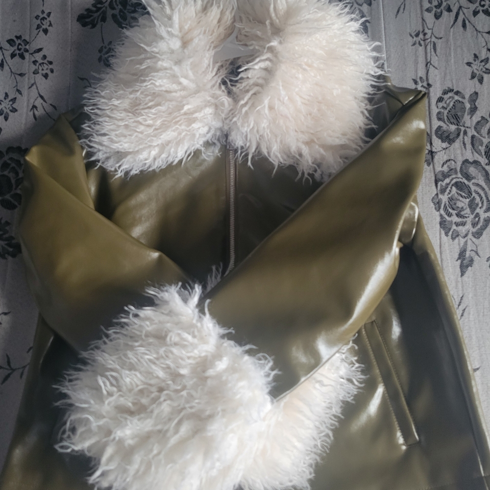 Primark Olive Faux Leather Jacket with Cream Faux Fur